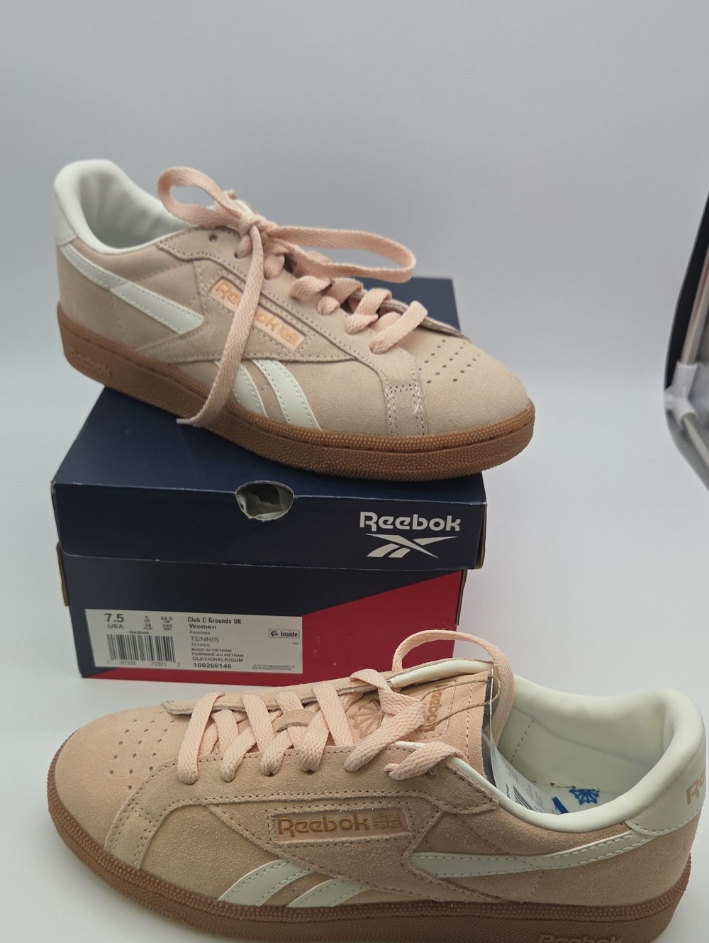 Reebok Pink Suede Sneakers with Cream Stripes and Brown Sole